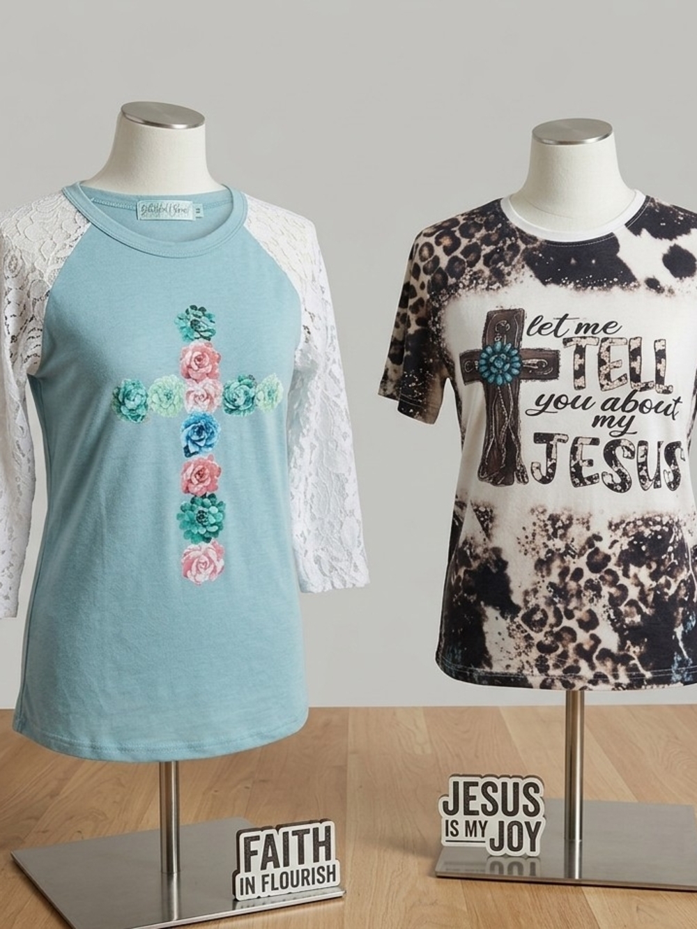Aqua Lace-Sleeve Cross Tee And Cross Animal Print Tee With Jesus Message